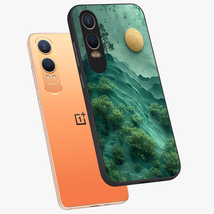 Green Hills With Sun Glass Case for 1+Nord CE 4 Lite angled mockup showcasing glossy finish and natural gradient tones