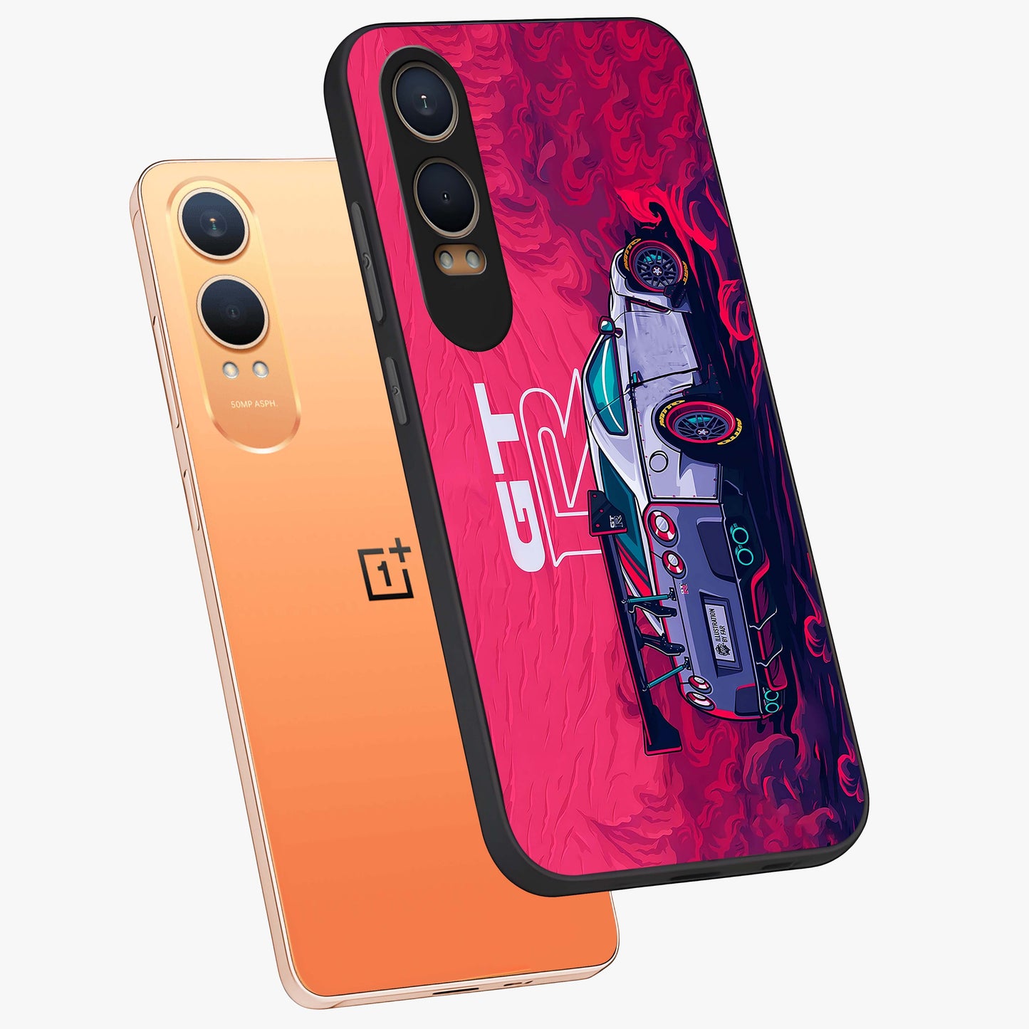 Gt R Car Pattern Glass Case for 1+Nord CE 4 Lite angled mockup showcasing glossy finish and sporty detailing