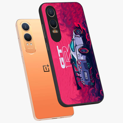 Gt R Car Pattern Glass Case for 1+Nord CE 4 Lite angled mockup showcasing glossy finish and sporty detailing