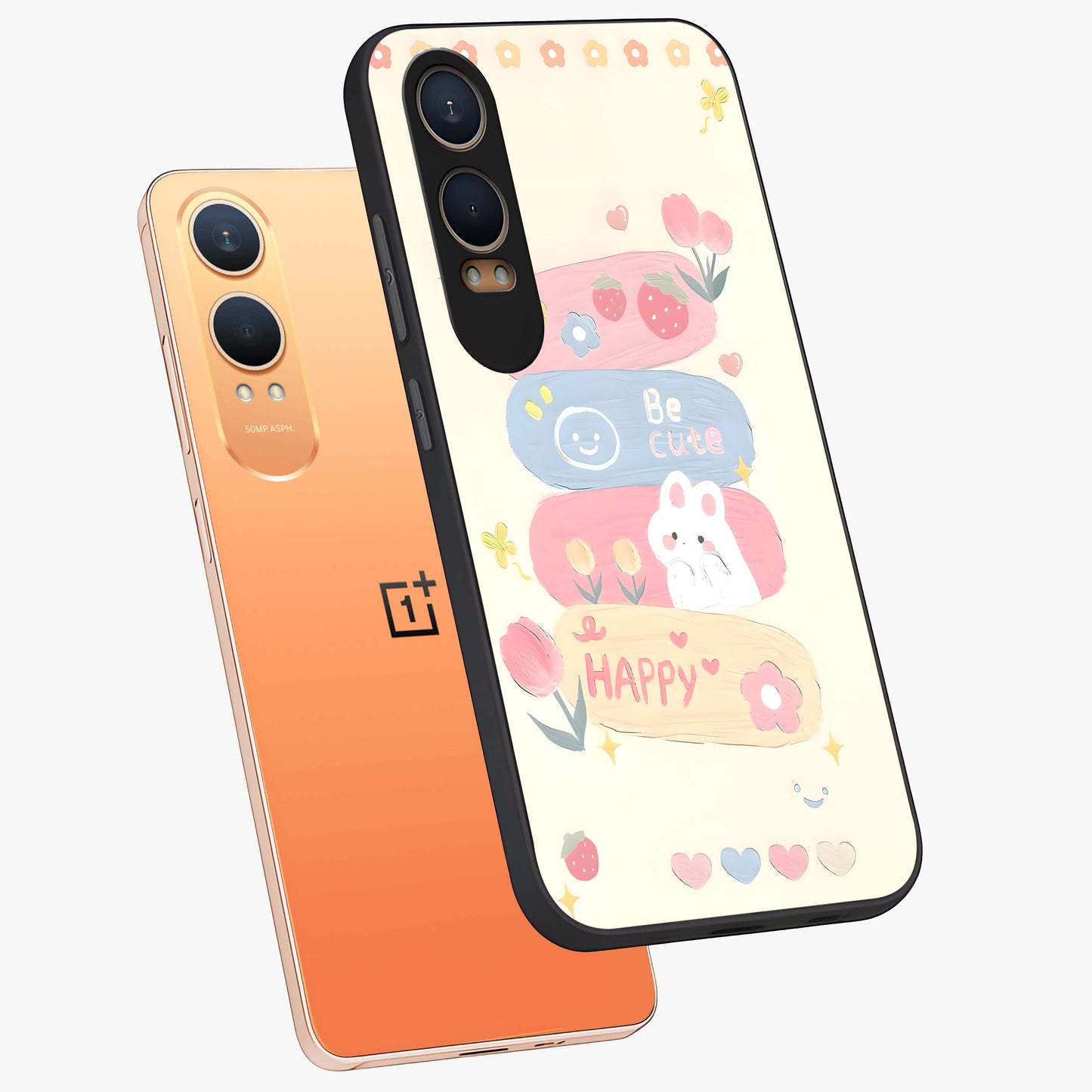 Happy Cute Bunny Glass Case for 1+Nord Ce 4 Lite angled mockup showcasing glossy finish and soft pastel tones