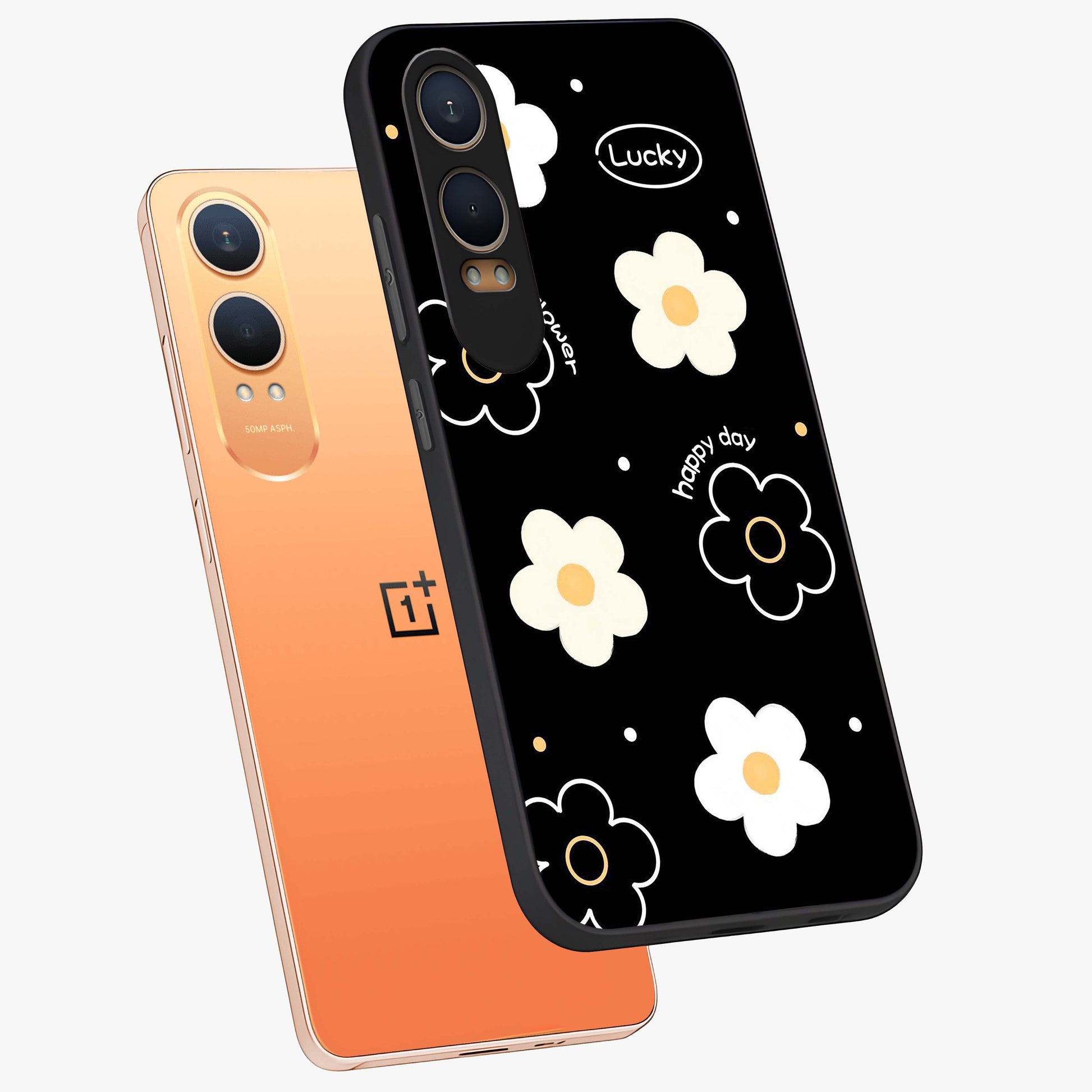 Happy Day Daisy Glass Case for 1+Nord CE 4 Lite angled mockup showcasing glossy finish and vibrant bloom tones