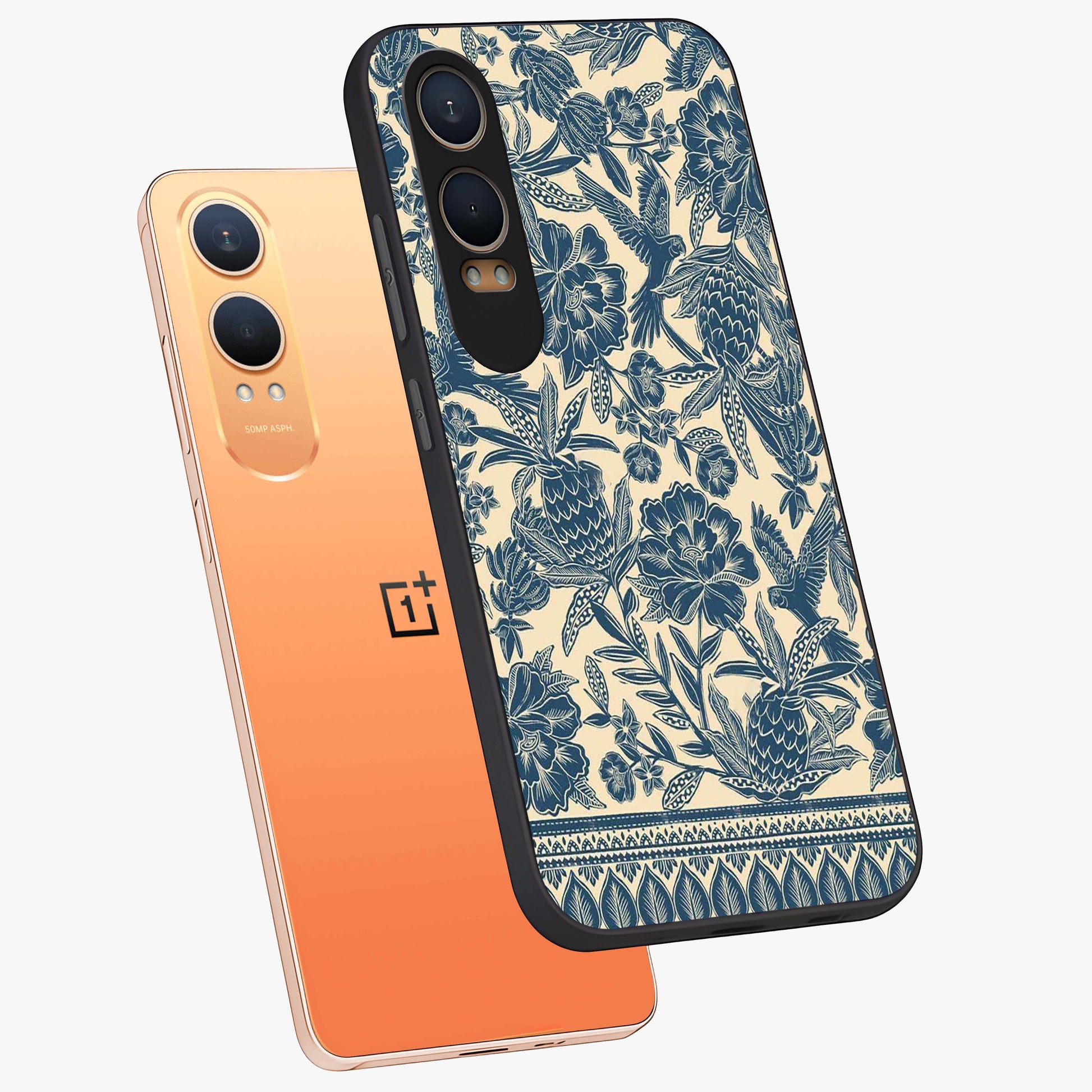 Heirloom Wild Bloom Glass Case for 1+Nord CE 4 Lite angled mockup showcasing glossy finish and rich botanical textures