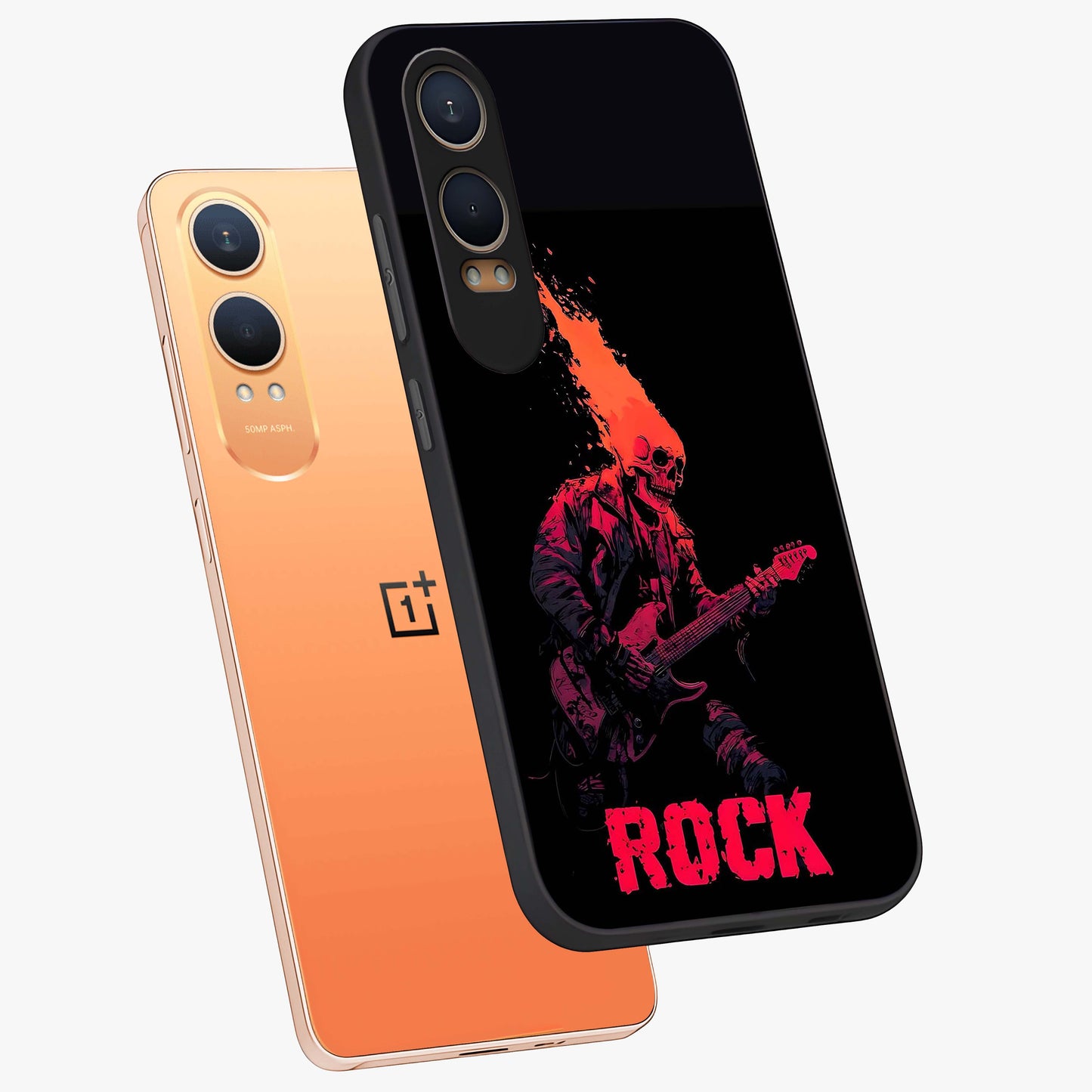 Hellfire Rock Anthem Glass Case for 1+Nord CE 4 Lite captured at a warm angle highlighting bold flame tones, gloss, and edge clarity.