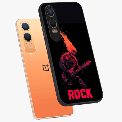Hellfire Rock Anthem Glass Case for 1+Nord CE 4 Lite captured at a warm angle highlighting bold flame tones, gloss, and edge clarity.