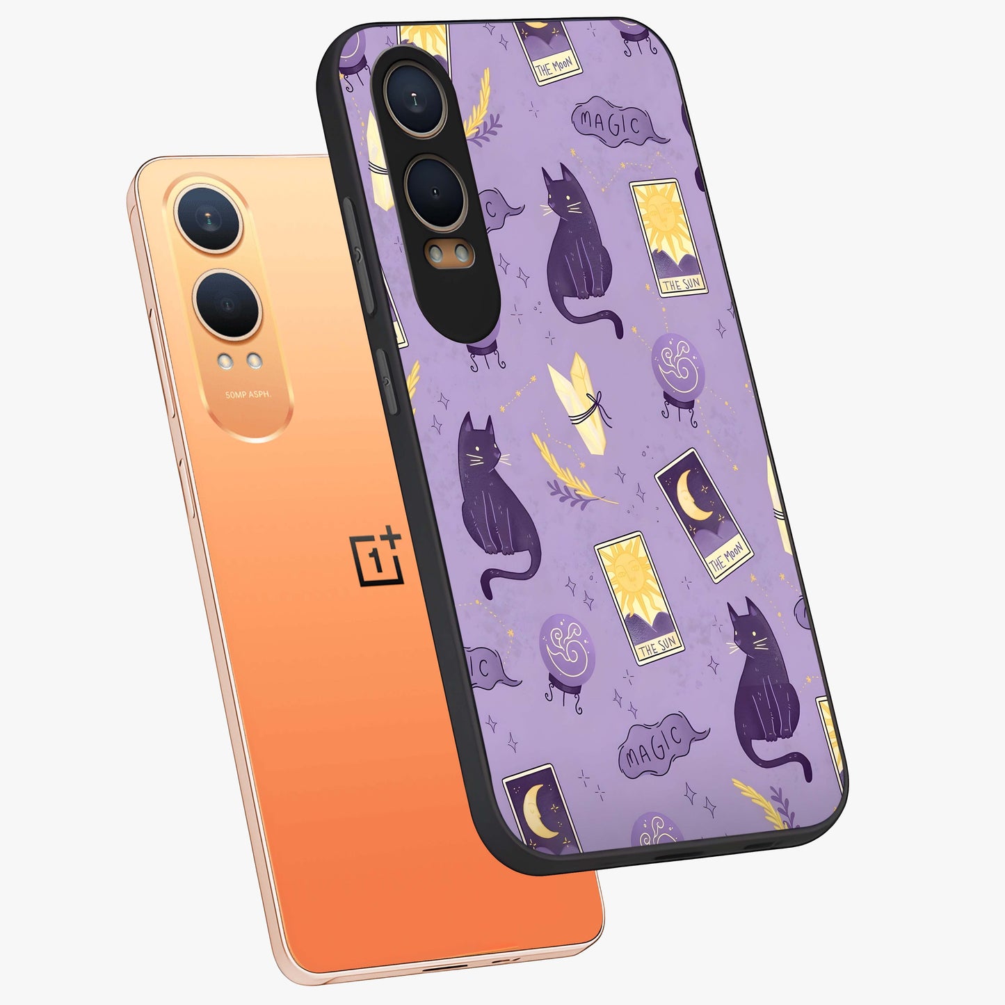 Humble Magic Cats Glass Case for 1+Nord CE 4 Lite captured at a warm angle highlighting playful magical details, gloss, and edge clarity.