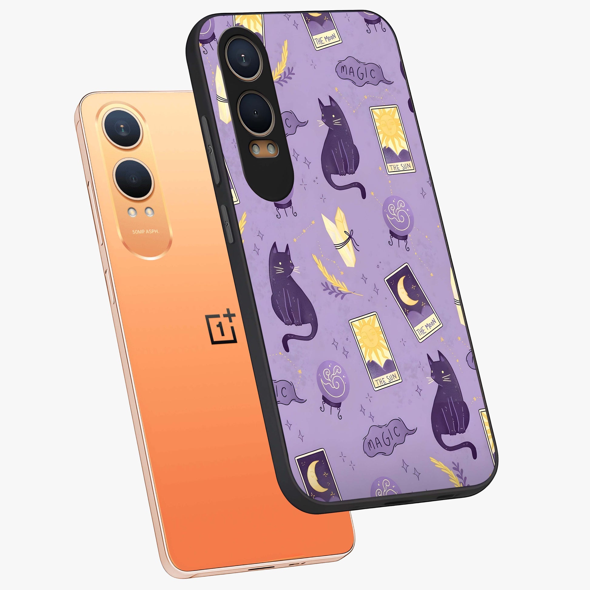 Humble Magic Cats Glass Case for 1+Nord CE 4 Lite captured at a warm angle highlighting playful magical details, gloss, and edge clarity.