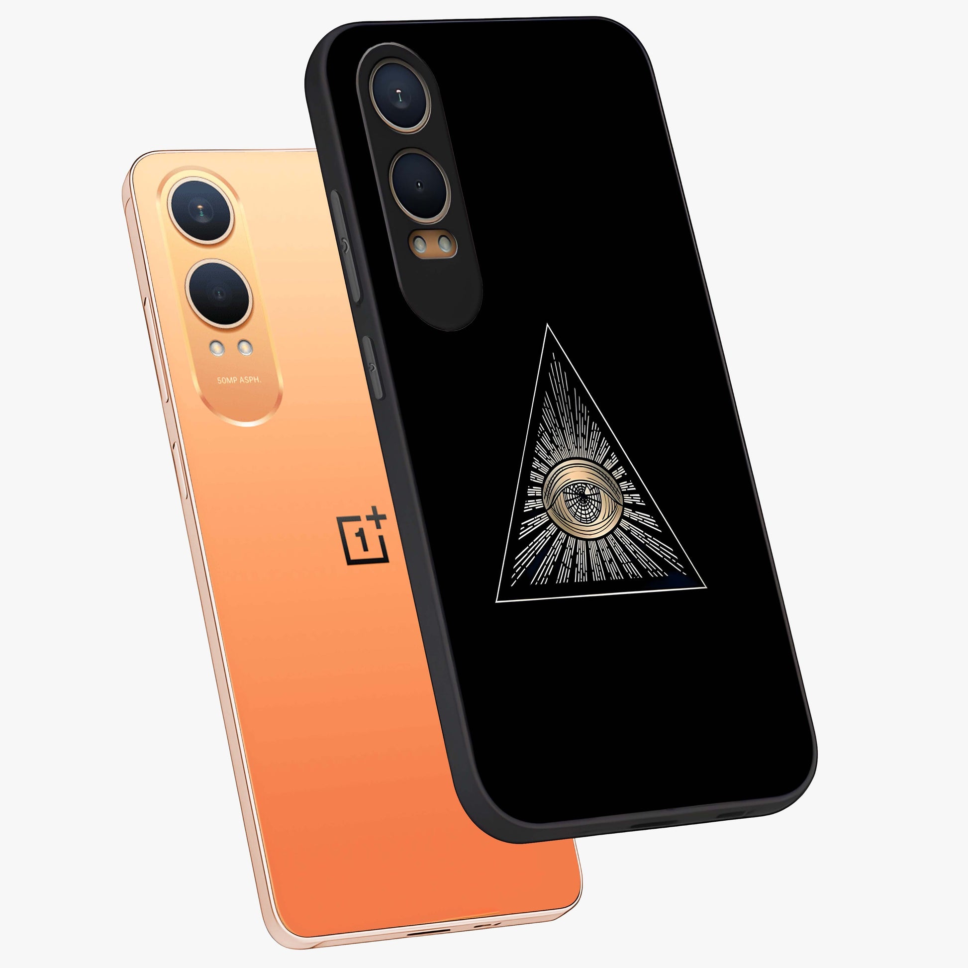 Illuminati Evil Glass Case for 1+Nord CE 4 Lite captured at a warm angle highlighting sharp graphic details, gloss, and edge clarity.