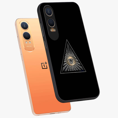 Illuminati Evil Glass Case for 1+Nord CE 4 Lite captured at a warm angle highlighting sharp graphic details, gloss, and edge clarity.