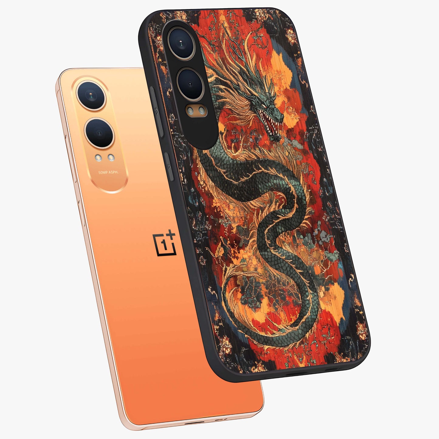 Inferno Dragon Soul Glass Case for 1+Nord CE 4 Lite captured at a warm angle highlighting fierce fire tones, gloss, and edge clarity.