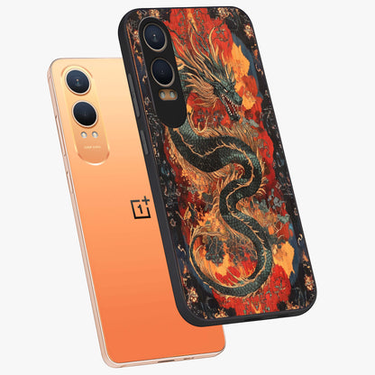 Inferno Dragon Soul Glass Case for 1+Nord CE 4 Lite captured at a warm angle highlighting fierce fire tones, gloss, and edge clarity.