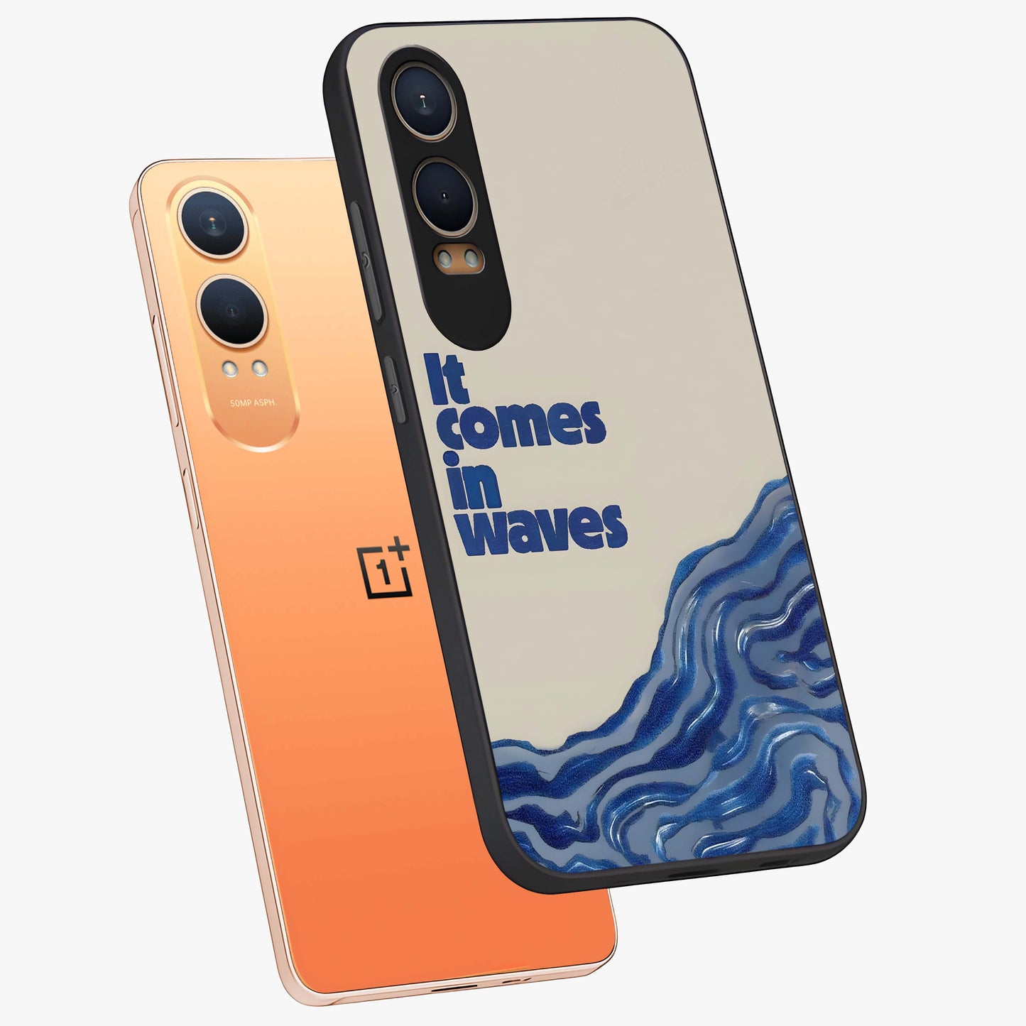 It Comes in Waves Quote Glass Case for 1+Nord CE 4 Lite captured at a warm angle highlighting clean typography, gloss, and edge clarity.