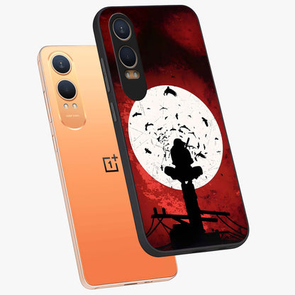 Itachi Limited Edition Naruto Anime Case Glass Case for 1+Nord Ce 4 Lite angled mockup showcasing glossy glass finish and dramatic red tones