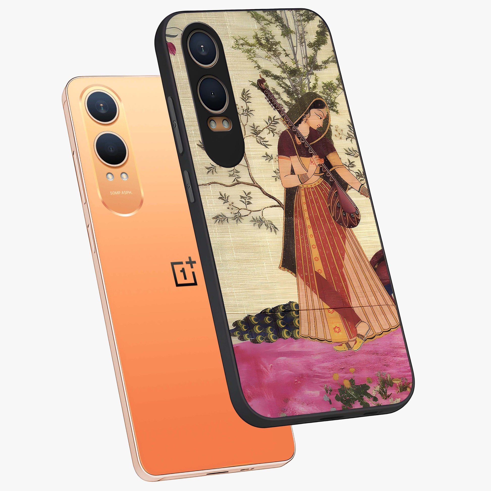Lady With Veena Art Glass Case for 1+Nord CE 4 Lite angled mockup showcasing glossy finish and refined artistic detailing