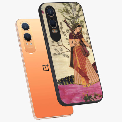 Lady With Veena Art Glass Case for 1+Nord CE 4 Lite angled mockup showcasing glossy finish and refined artistic detailing
