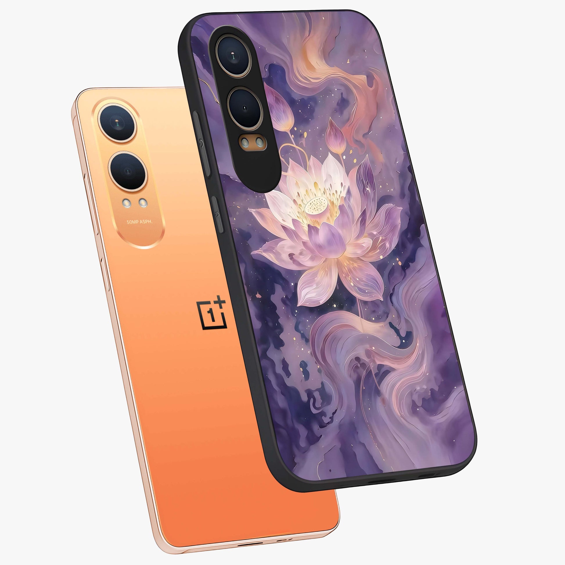 Lavender Lotus Muse Glass Case for 1+Nord CE 4 Lite angled mockup showcasing glossy finish and refined floral detailing
