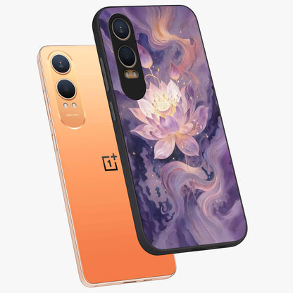 Lavender Lotus Muse Glass Case for 1+Nord CE 4 Lite angled mockup showcasing glossy finish and refined floral detailing