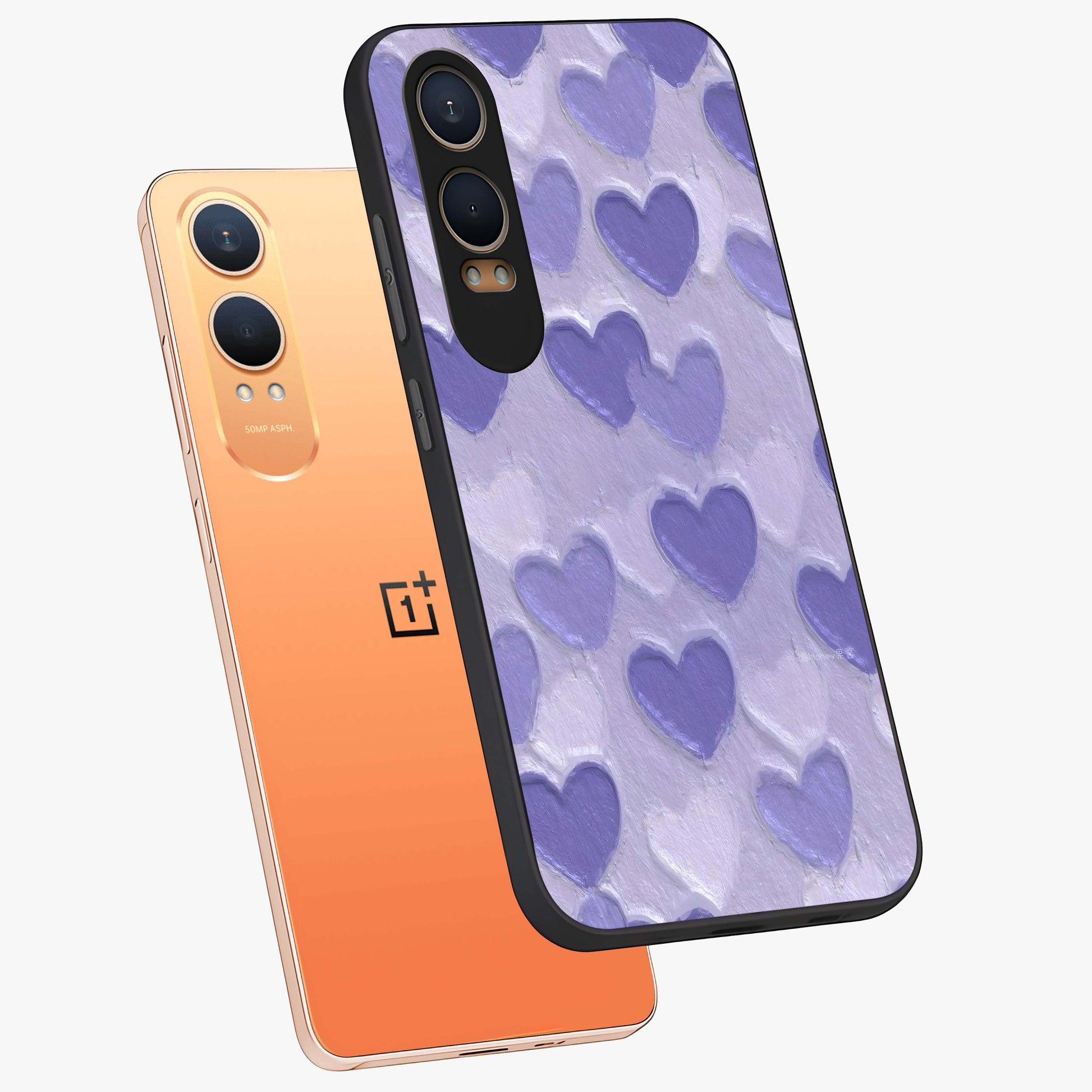Lavender Paper Hearts Glass Case for 1+Nord CE 4 Lite angled mockup showcasing glossy finish and playful pastel detailing