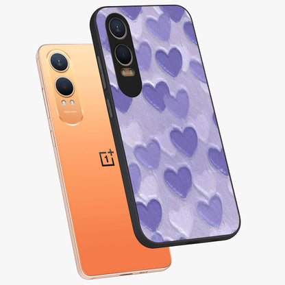 Lavender Paper Hearts Glass Case for 1+Nord CE 4 Lite angled mockup showcasing glossy finish and playful pastel detailing