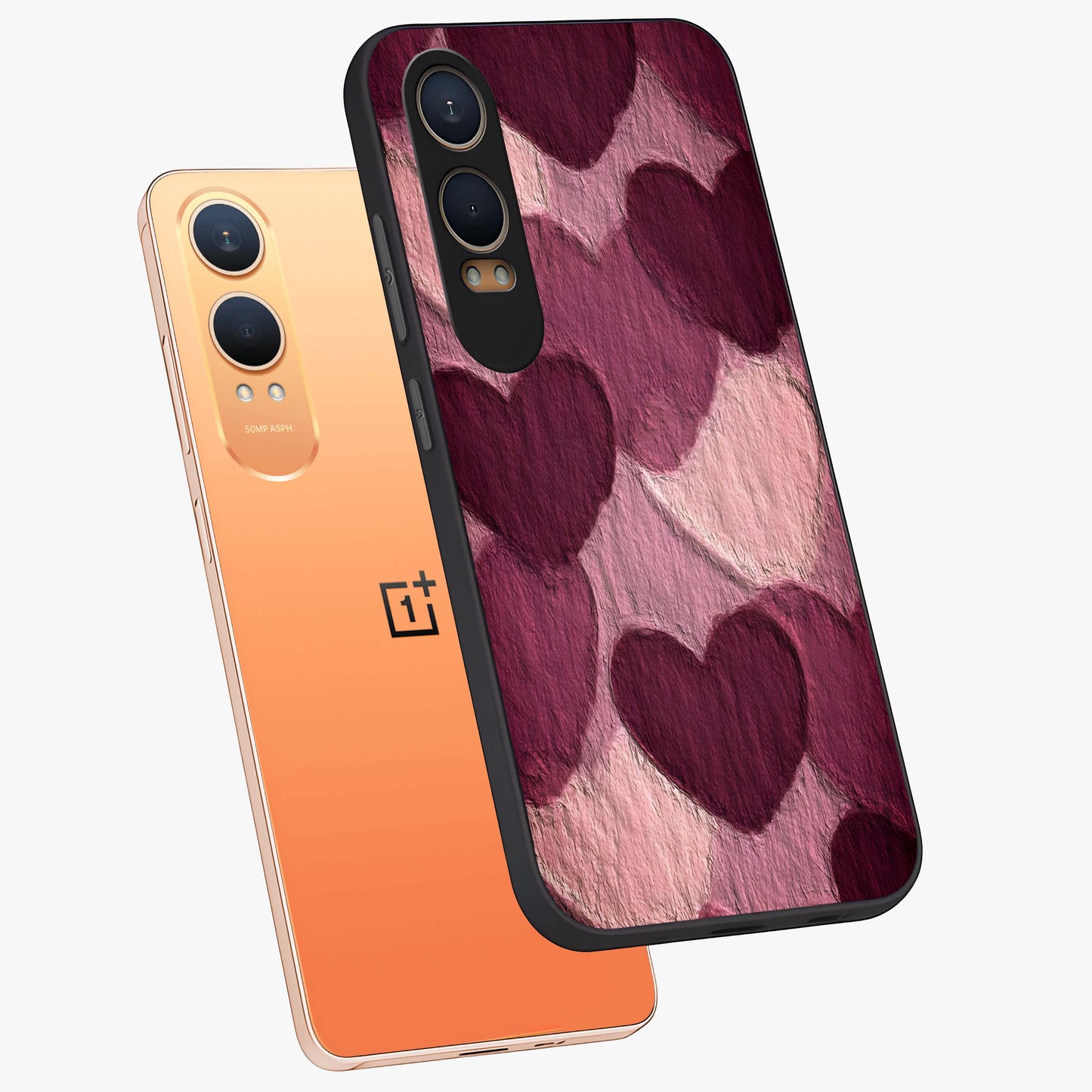 Layered Paper Hearts Glass Case for 1+Nord CE 4 Lite angled mockup showcasing glossy finish and soft romantic tones