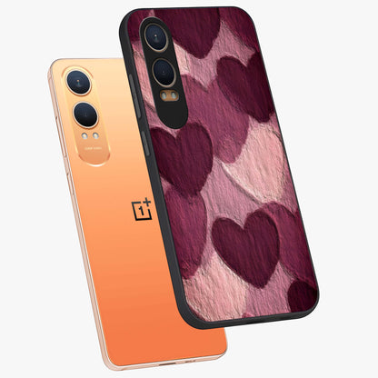 Layered Paper Hearts Glass Case for 1+Nord CE 4 Lite angled mockup showcasing glossy finish and soft romantic tones