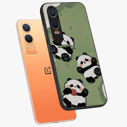 Lazy Panda Picnic Glass Case for 1+Nord CE 4 Lite angled mockup showcasing glossy finish and vibrant cartoon detailing