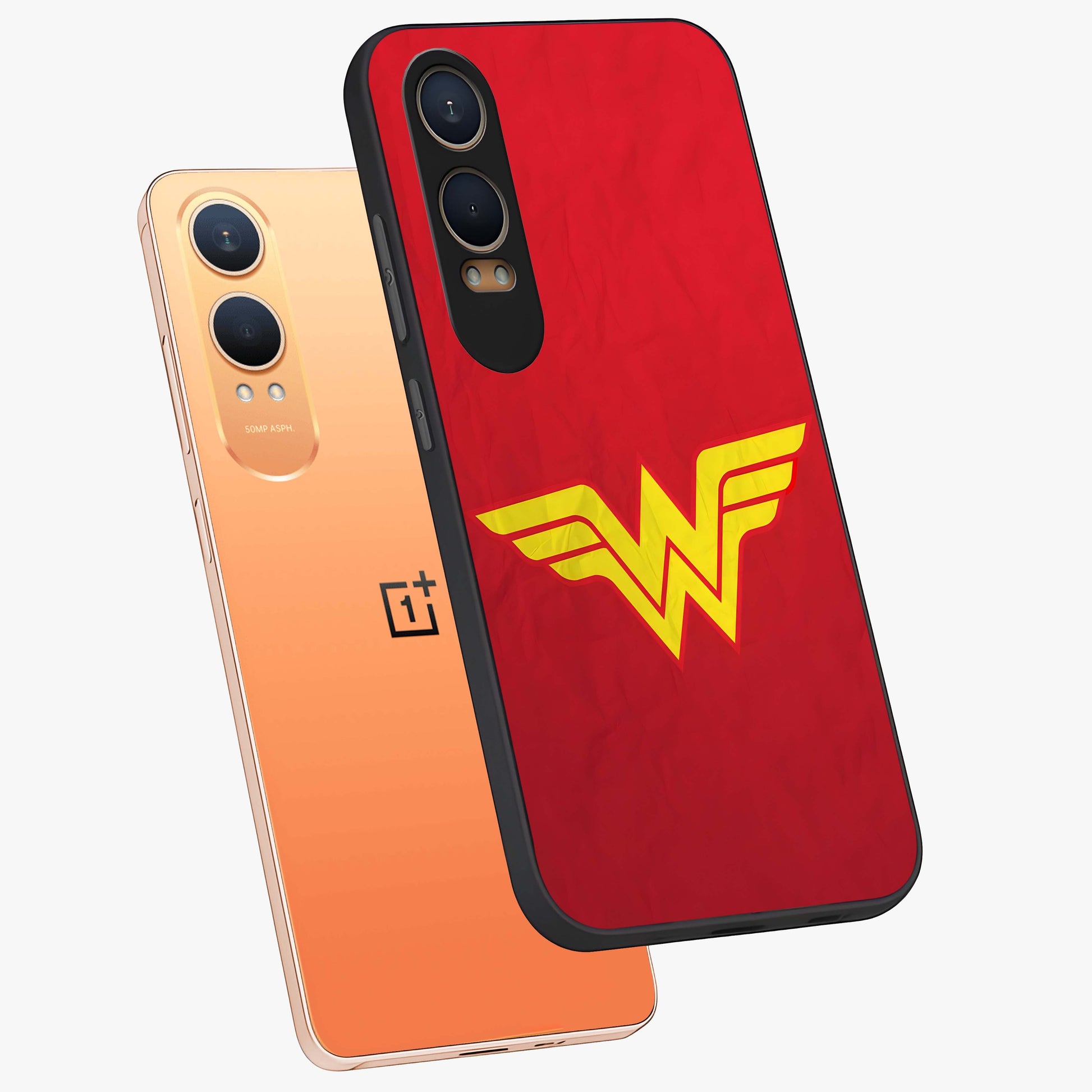 Legendary Wonder Power Glass Case for 1+Nord CE 4 Lite angled mockup showcasing glossy finish and vibrant power tones