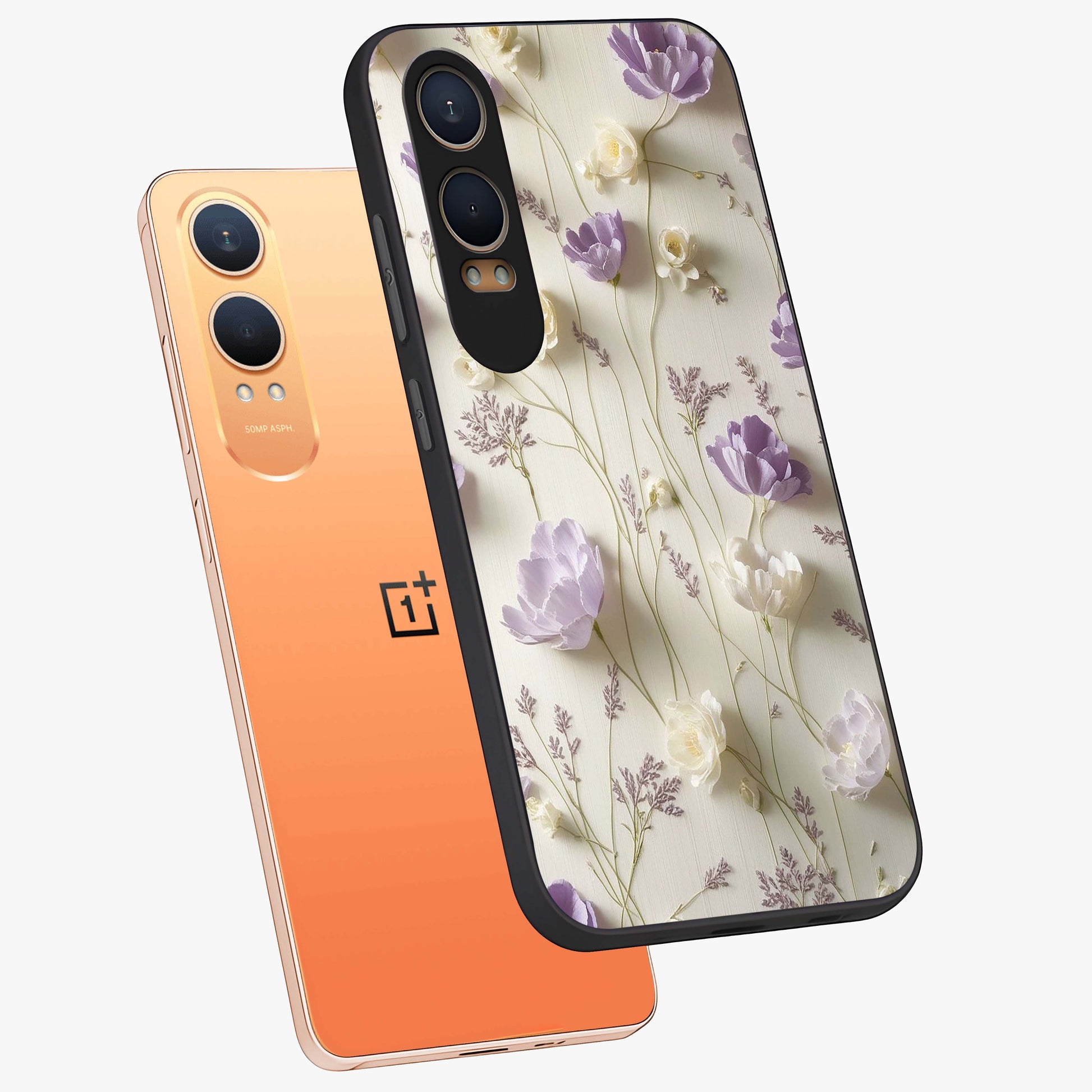Lilac Breeze Harmony Glass Case for 1+Nord CE 4 Lite angled mockup showcasing glossy finish and pastel purple tones
