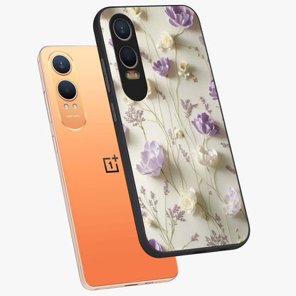 Lilac Breeze Harmony Glass Case for 1+Nord CE 4 Lite angled mockup showcasing glossy finish and pastel purple tones