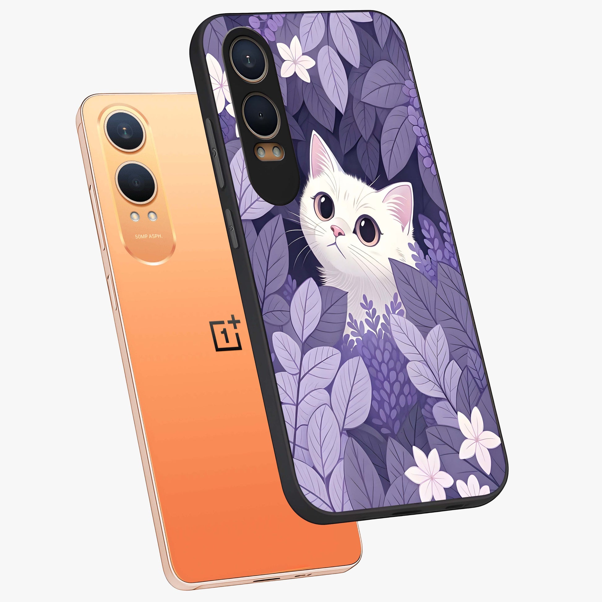 Lilac Hide Peek Cat Glass Case for 1+Nord CE 4 Lite angled mockup showcasing glossy finish and cute character detailing