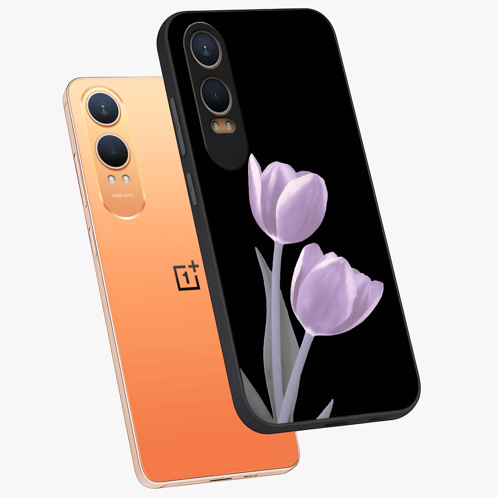 Lilac Tulip Flowers Glass Case for 1+Nord CE 4 Lite angled mockup showcasing glossy finish and delicate bloom detailing