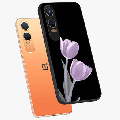 Lilac Tulip Flowers Glass Case for 1+Nord CE 4 Lite angled mockup showcasing glossy finish and delicate bloom detailing