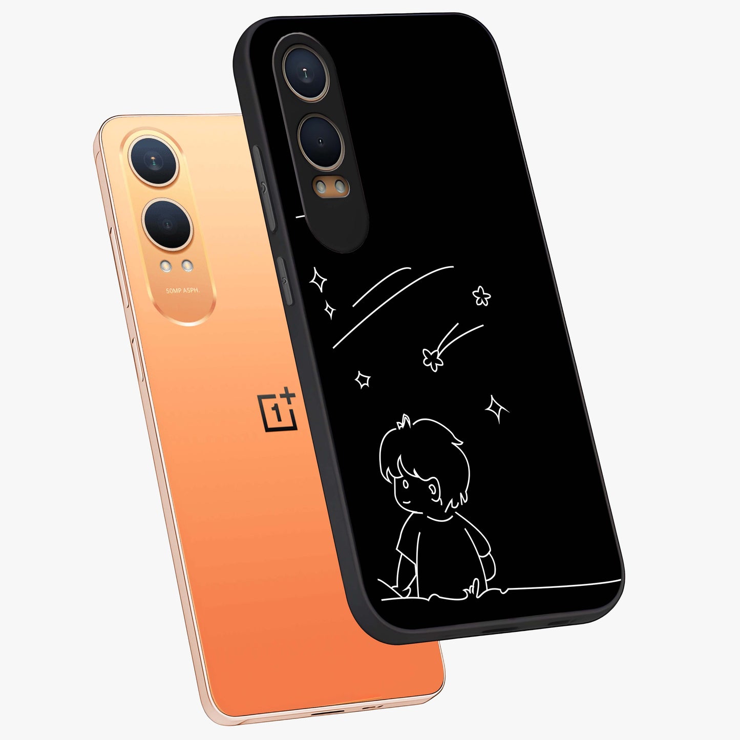 Line Art Boy With Shooting Stars Glass Case for 1+Nord CE 4 Lite angled mockup showcasing glossy finish and clean monochrome detailing