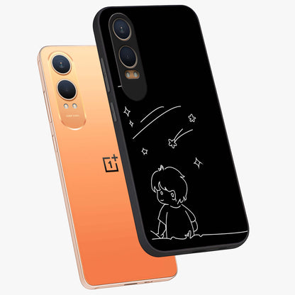 Line Art Boy With Shooting Stars Glass Case for 1+Nord CE 4 Lite angled mockup showcasing glossy finish and clean monochrome detailing