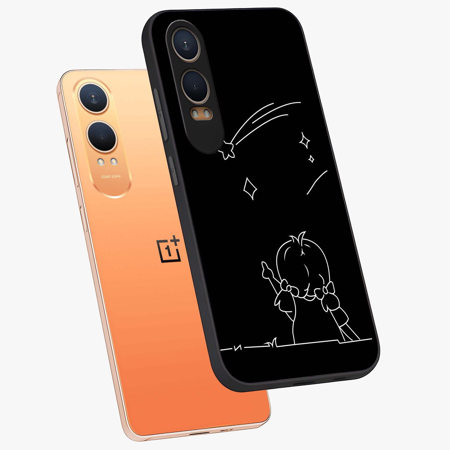 Line Art Girl With Shooting Stars Glass Case for 1+Nord Ce 4 Lite angled mockup showcasing glossy finish and refined artistic detailing