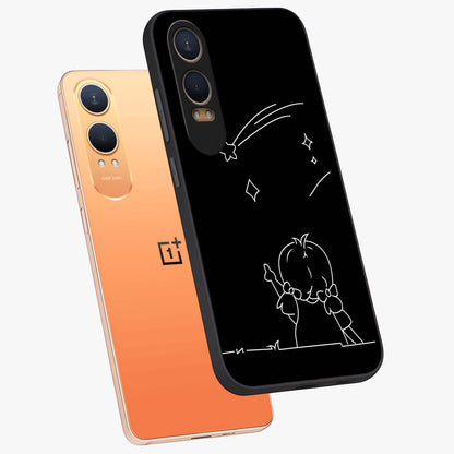 Line Art Girl With Shooting Stars Glass Case for 1+Nord Ce 4 Lite angled mockup showcasing glossy finish and refined artistic detailing