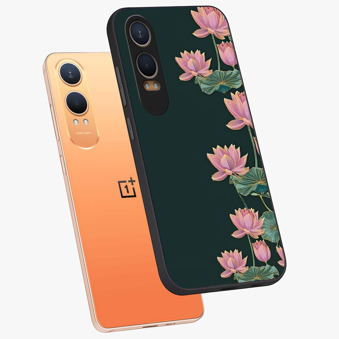 Lotus Bloom Serenity Glass Case for 1+Nord CE 4 Lite angled mockup showcasing glossy glass finish and calming tones