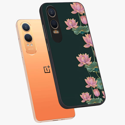 Lotus Bloom Serenity Glass Case for 1+Nord CE 4 Lite angled mockup showcasing glossy glass finish and calming tones
