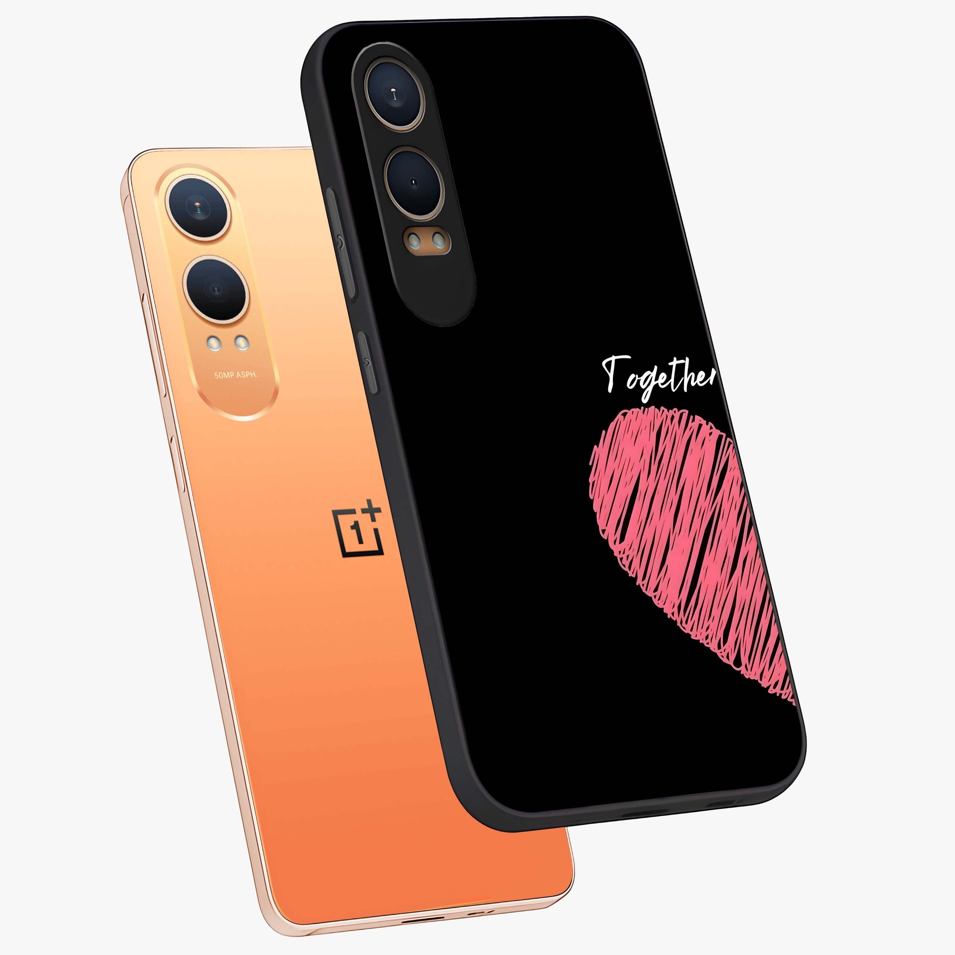 Love Forever Together Left Glass Case for 1+Nord CE 4 Lite angled mockup showcasing glossy finish and soft love inspired tones