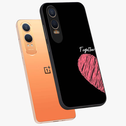 Love Forever Together Left Glass Case for 1+Nord CE 4 Lite angled mockup showcasing glossy finish and soft love inspired tones