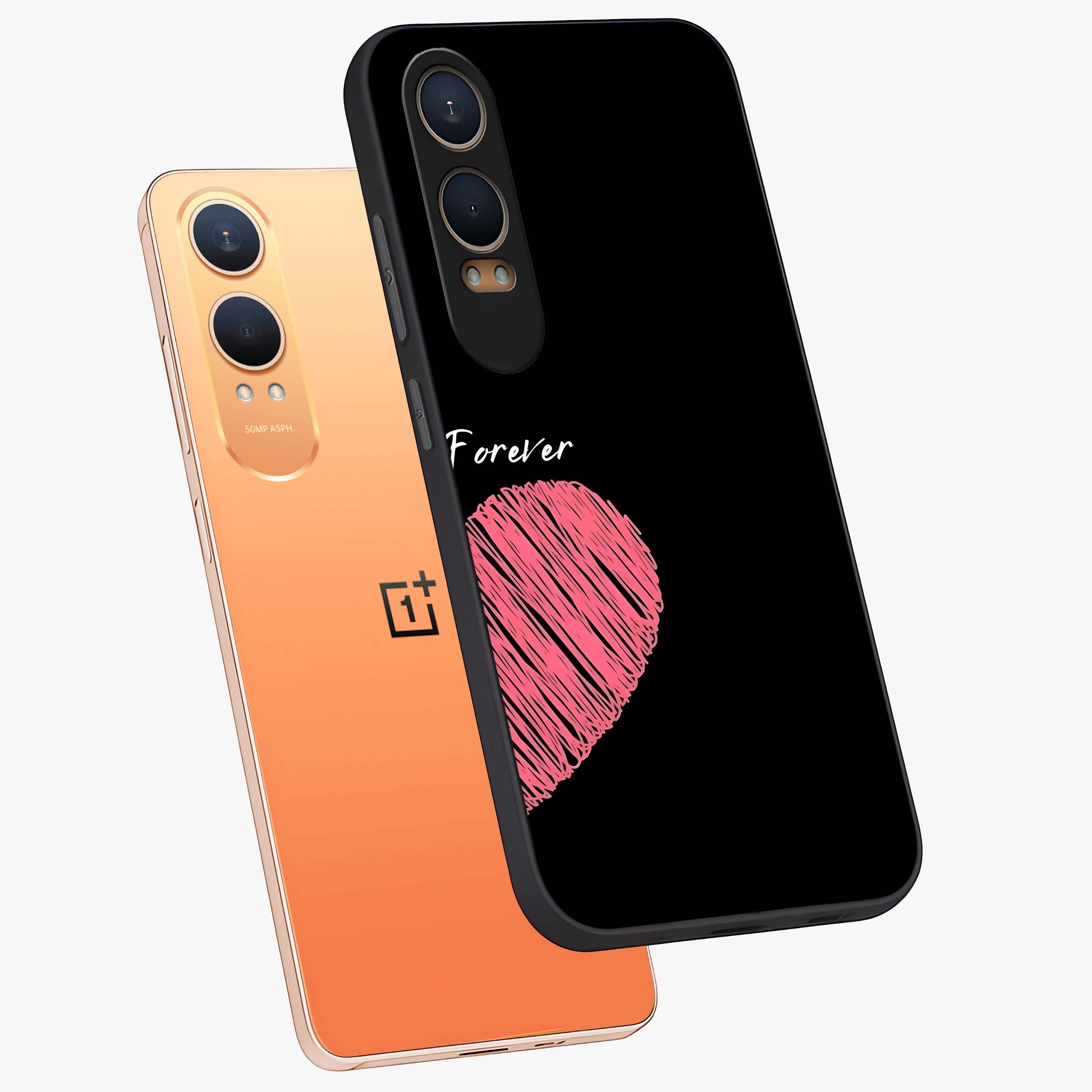 Love Forever Together Right Glass Case for 1+Nord CE 4 Lite angled mockup showcasing glossy finish and warm aesthetic tones