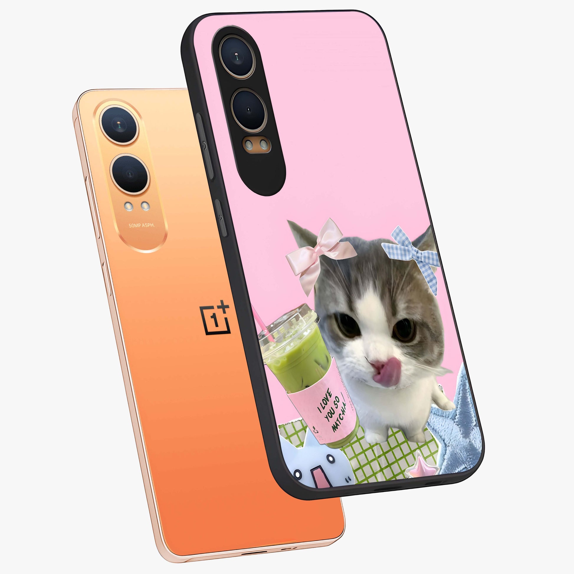 Love Matcha Cat Glass Case for 1+Nord CE 4 Lite angled mockup showcasing glossy finish and playful pastel tones