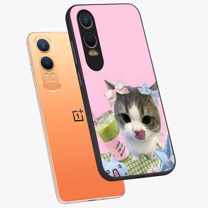 Love Matcha Cat Glass Case for 1+Nord CE 4 Lite angled mockup showcasing glossy finish and playful pastel tones