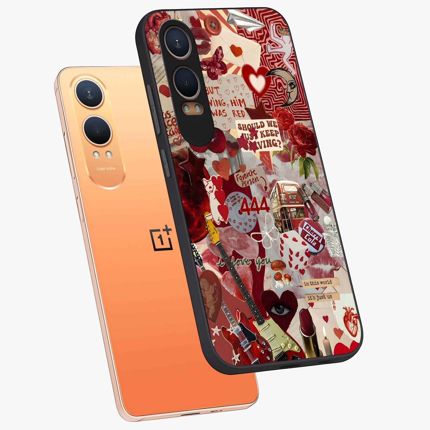 Lover’S Red Chaos Glass Case for 1+Nord CE 4 Lite angled mockup showcasing glossy finish and dramatic crimson tones
