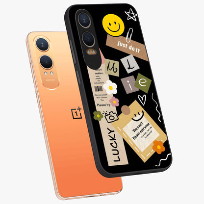 Lucky Aesthetic Collage Case Glass Case for 1+Nord CE 4 Lite angled mockup showcasing glossy finish and colorful textures