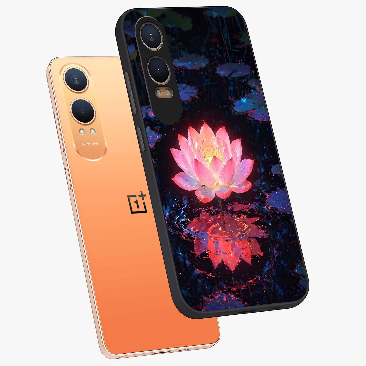 Luminous Lotus Glow Glass Case for 1+Nord CE 4 Lite angled mockup showcasing glossy finish and warm luminous tones