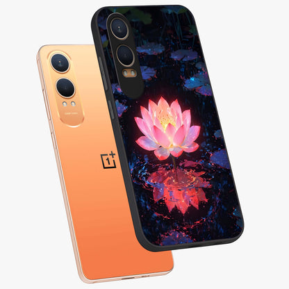 Luminous Lotus Glow Glass Case for 1+Nord CE 4 Lite angled mockup showcasing glossy finish and warm luminous tones