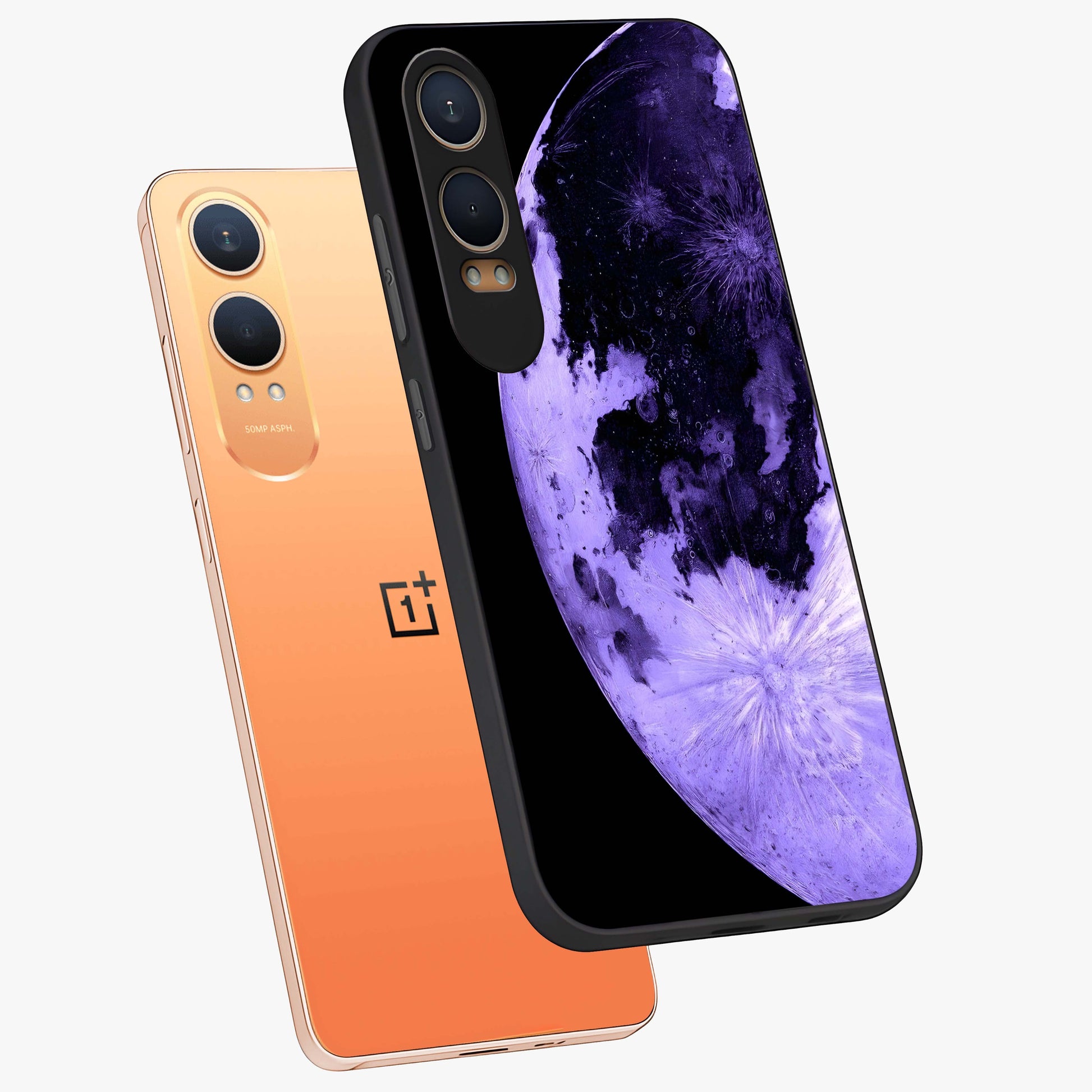 Lunar Glow in Violet Glass Case for 1+Nord CE 4 Lite angled mockup showcasing glossy finish and soft purple gradients