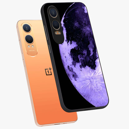 Lunar Glow in Violet Glass Case for 1+Nord CE 4 Lite angled mockup showcasing glossy finish and soft purple gradients