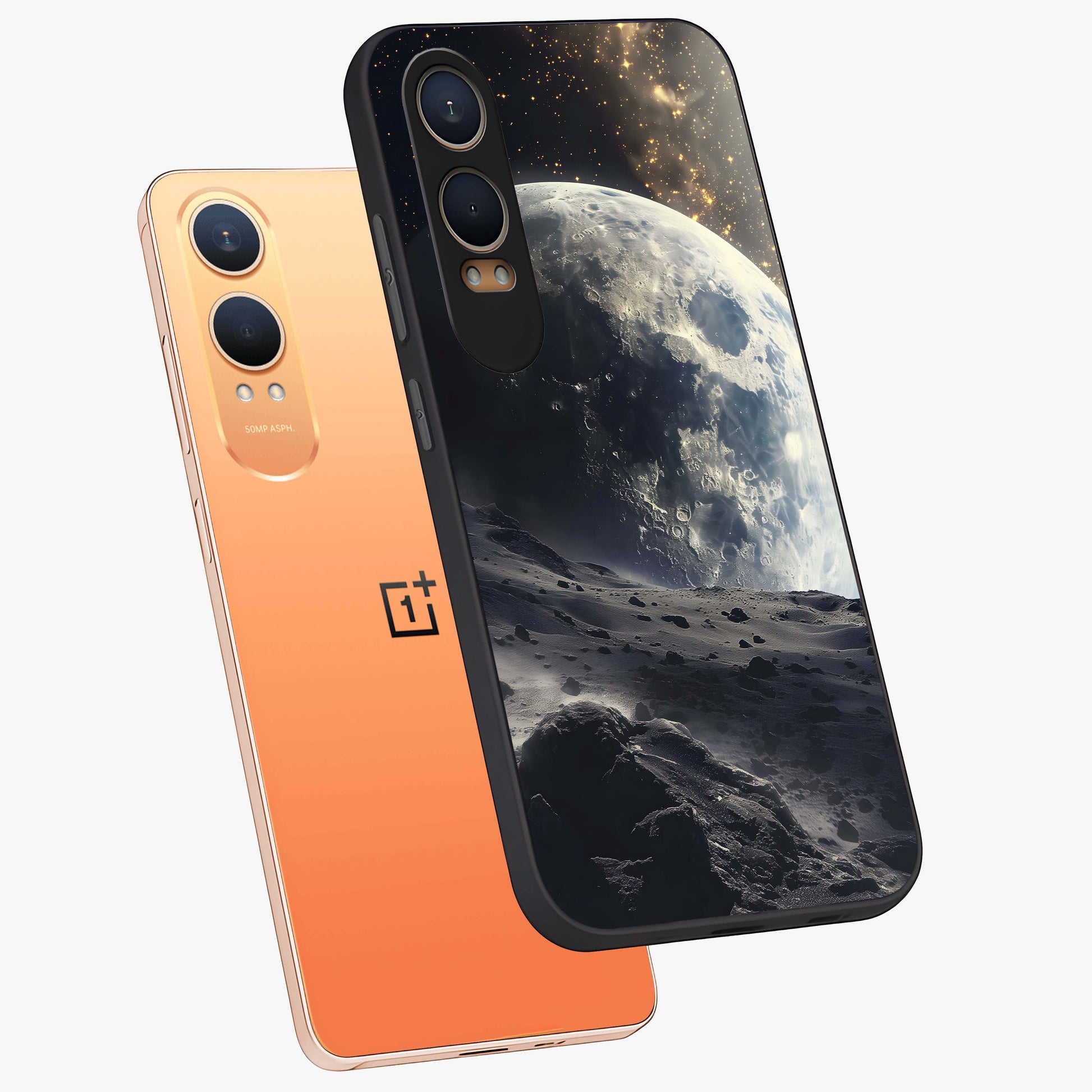 Lunar Horizon Glow Glass Case for 1+Nord CE 4 Lite angled mockup showcasing glossy finish and warm night tones