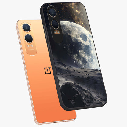 Lunar Horizon Glow Glass Case for 1+Nord CE 4 Lite angled mockup showcasing glossy finish and warm night tones